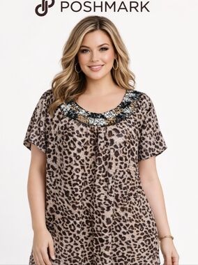 Urban Studio Leopard Print Sequin Embellished Tunic Top 2X Plus Size Animal Prin